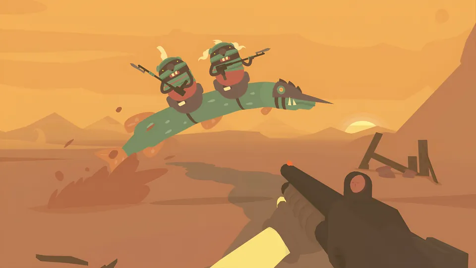 A player aims a shotgun at two goblins riding a green sword-nosed creature that leaps from the sand of an orange desert in Sulfur
