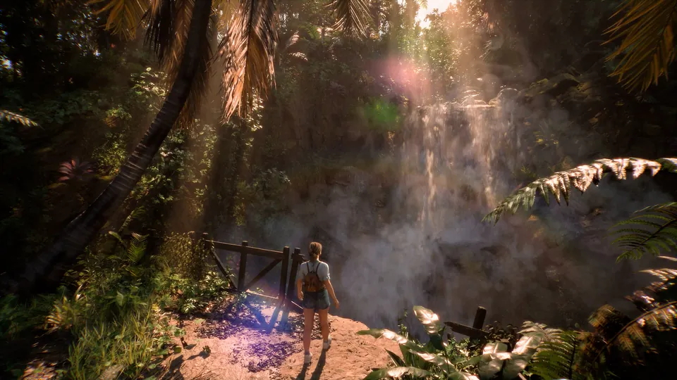 A lone explorer walks a jungle path toward a misty waterfall in Until Dawn 2