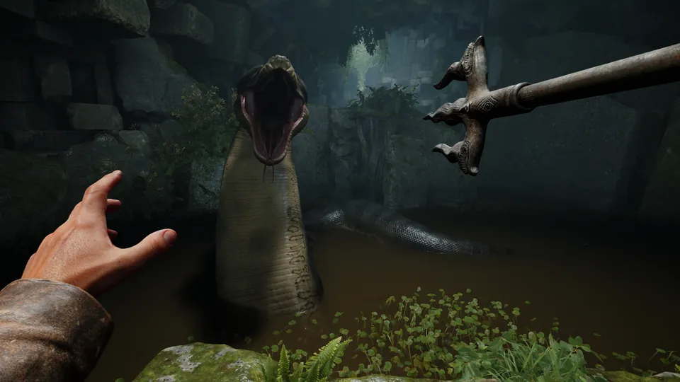 A huge snake rises from dark jungle water while a first-person hand reaches out and another holds a spear