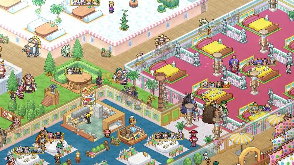 A busy pixel-art restaurant full of One Piece characters, tables and pink carpets in One Piece: Grand Gourmet