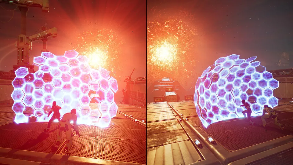 Split-screen view of Mio and Zoe beside a glowing hexagonal shield as an explosion lights up a sci-fi base.