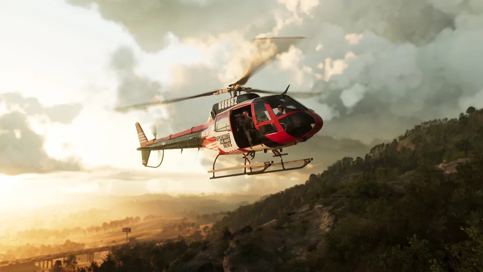 A red-and-white helicopter flying over hills in Mount Kalaga National Park at sunset
