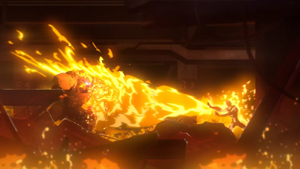 A fiery hero bursts through a dark room in a blast of orange flames