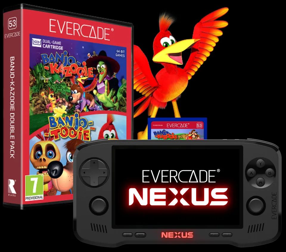 The Banjo-Kazooie Double Pack cartridge box, numbered 53, stands beside the Evercade Nexus and large Kazooie artwork with wings spread