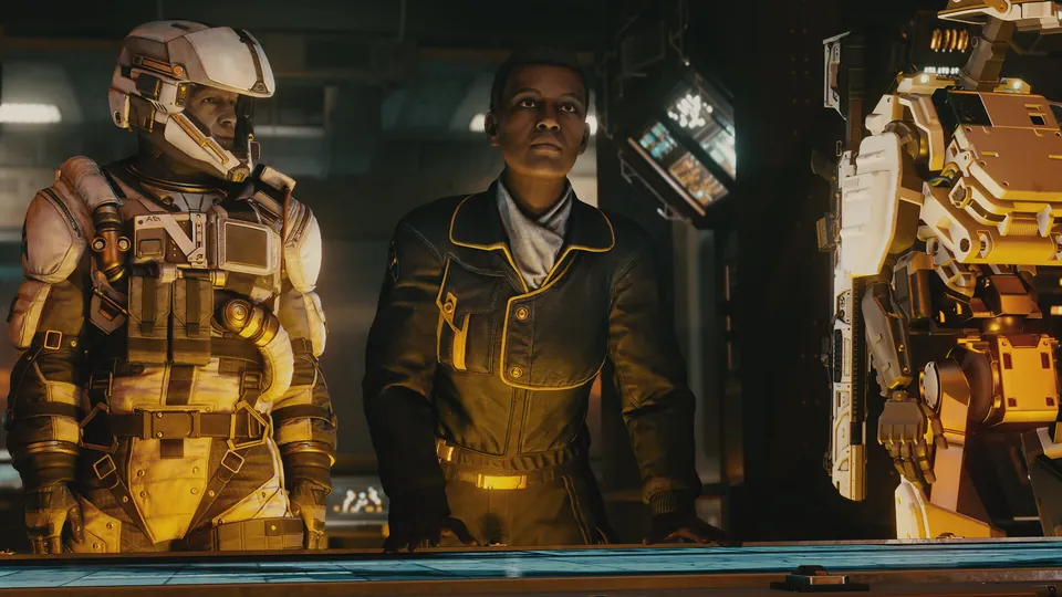 A uniformed officer stands between two armored Terran Armada soldiers in Starfield's Terran Armada DLC.