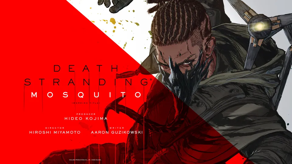 Key art for the animated film Death Stranding Mosquito, showing a masked character with braided hair beside the title on a red background