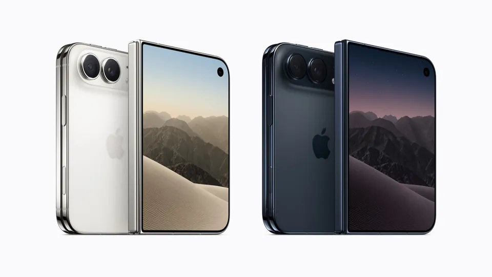 iPhone Duo in star white and night sky, each shown from the back and from the front with its outer display on