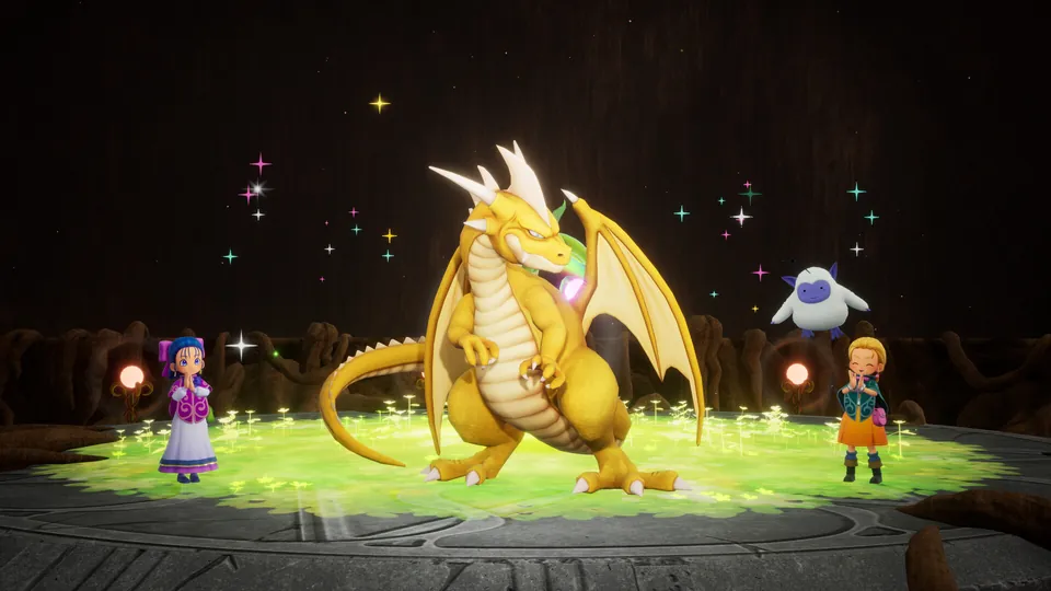 A golden dragon appears on a glowing green circle between Nera and Bianca, with a small white monster nearby, in Dragon Quest Monsters: The Withered World