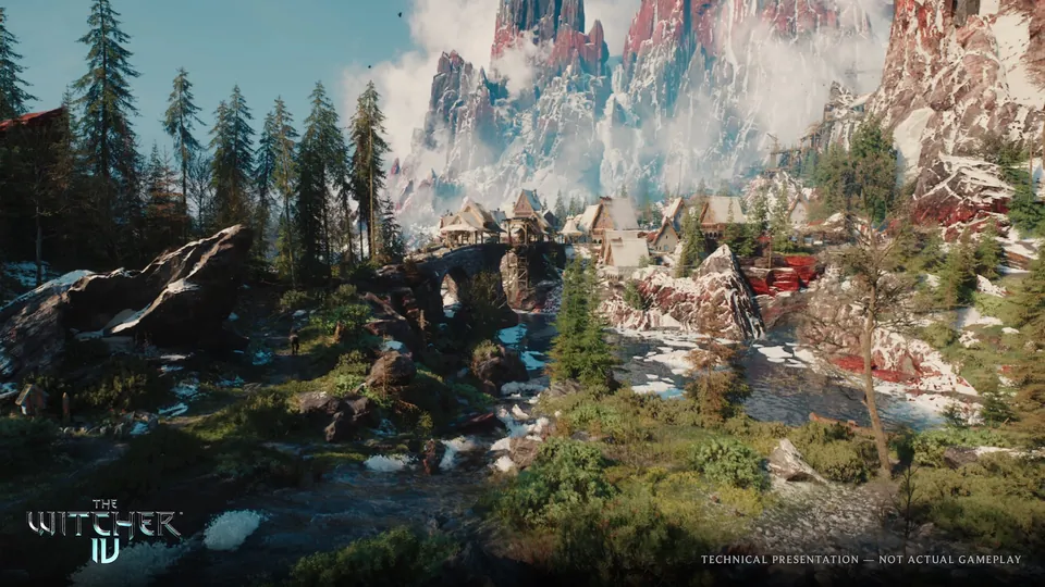 A mountain village with wooden houses and a stone bridge over a river in Kovir, from The Witcher 4 tech demo