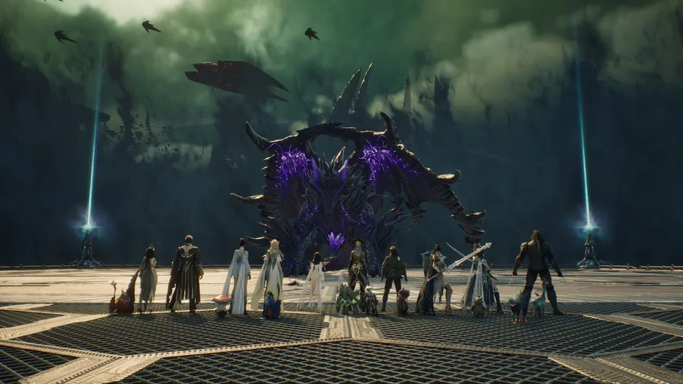 AION 2 party of players lined up in an arena facing a giant boss covered in purple crystals