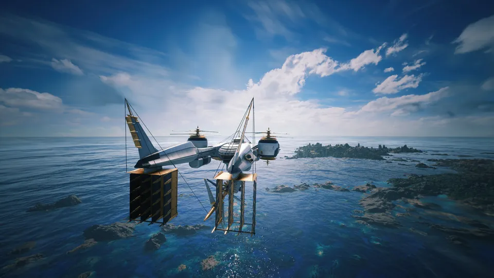 The airship Highwind flies low over a blue sea toward green islands in Final Fantasy VII Revelation