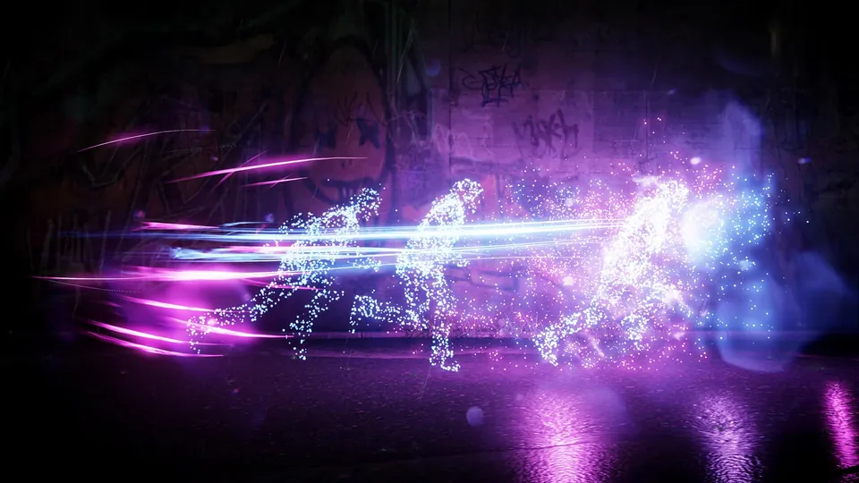 A figure made of neon light dashes across a dark alley in inFamous Second Son
