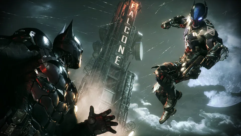 Batman faces the armored Arkham Knight beside a tall neon Falcone sign in Batman: Arkham Knight