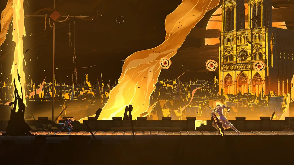 Rose Belmont runs along a rampart as a wall of fire sweeps across Paris, with Notre-Dame glowing behind, in Castlevania: Belmont’s Curse