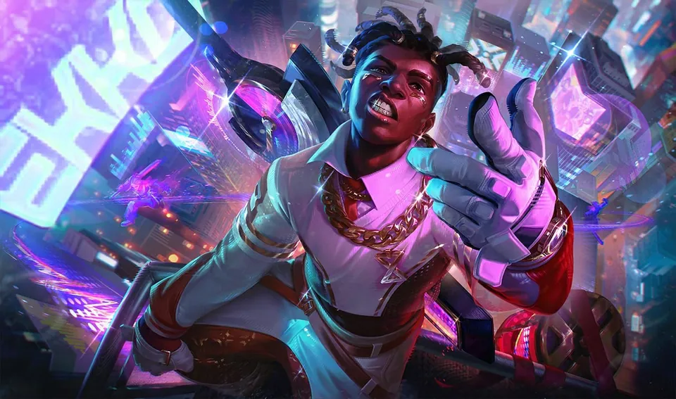 Prestige True Damage Know My Name Ekko in a white suit and gold chain points at the viewer above a glowing city
