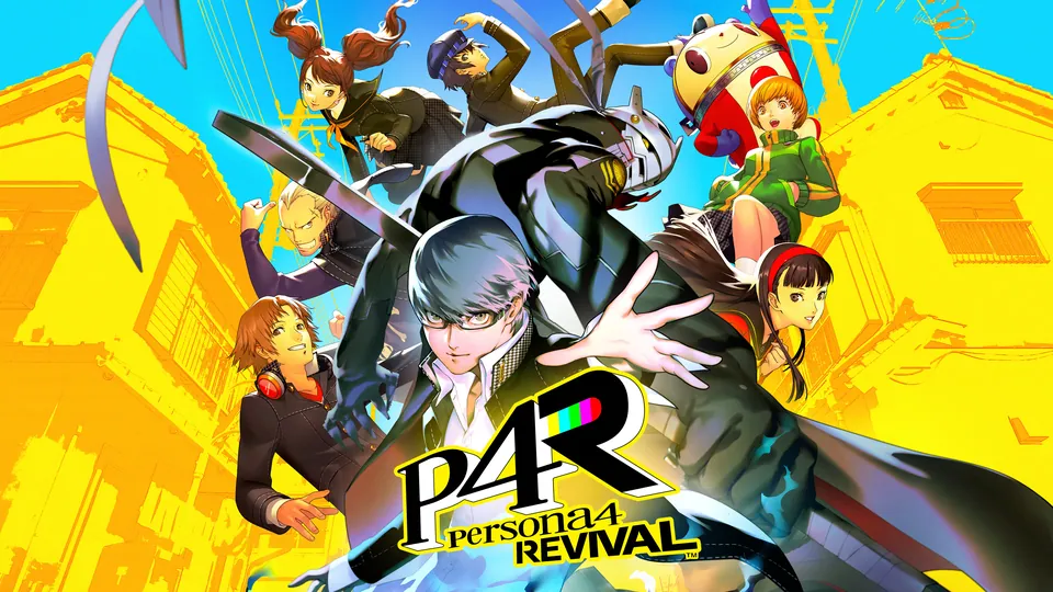 Persona 4 Revival key art: the investigation team and Teddie leap above the logo