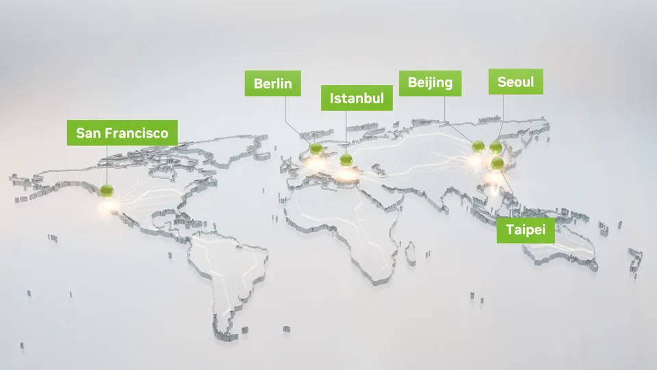 World map marking Nvidia's RTX Spark launch events in San Francisco, Berlin, Istanbul, Beijing, Seoul and Taipei