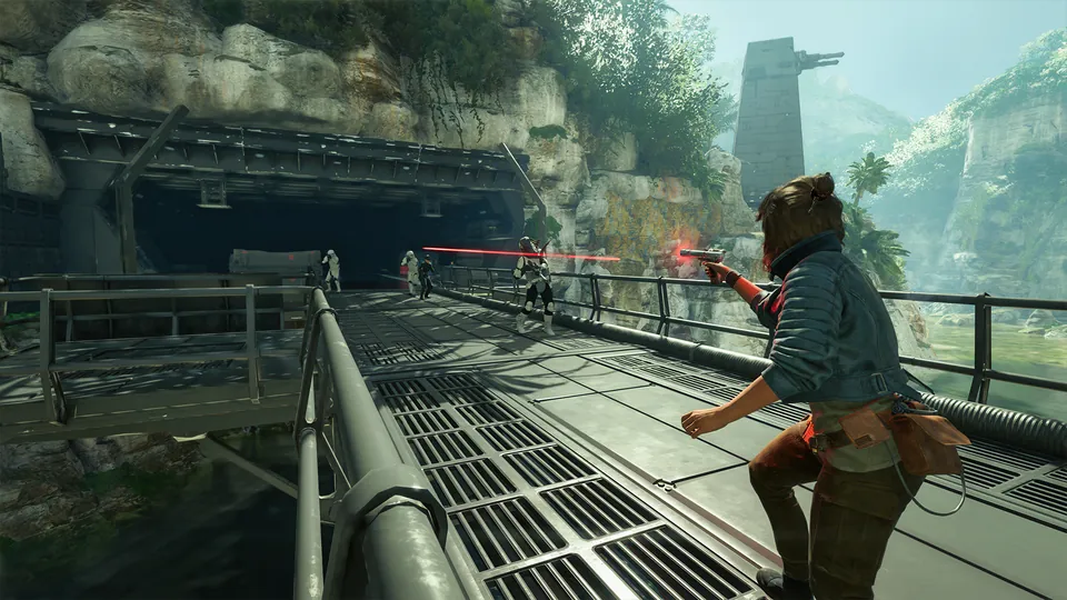 Kay Vess fires a blaster while running along a metal walkway past a jungle cliff in Star Wars Outlaws on Nintendo Switch 2
