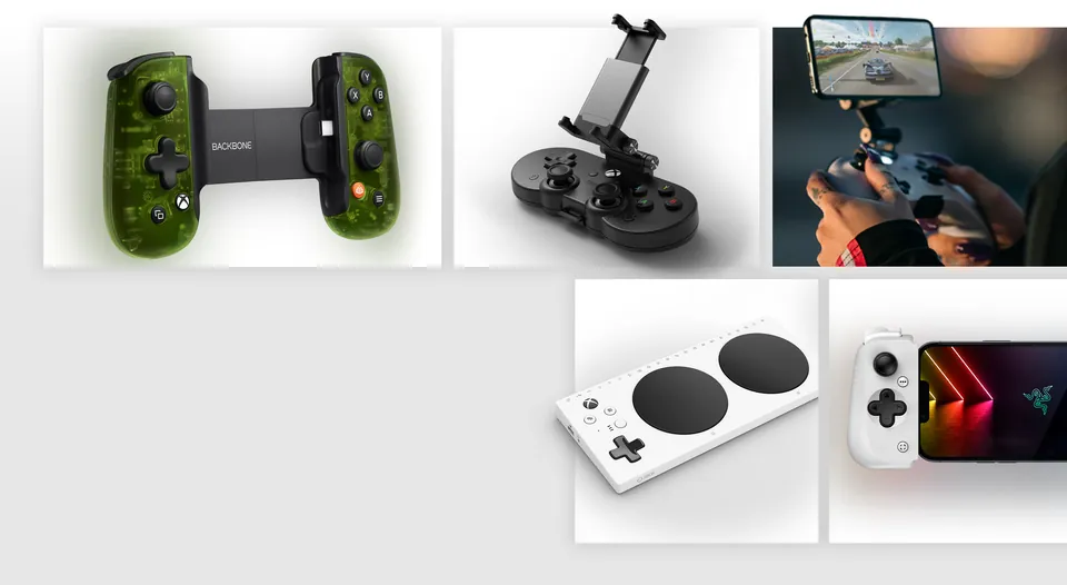 Phone controllers and accessories for Xbox Cloud Gaming, including a Backbone controller, an Xbox controller with a phone clip and the Xbox Adaptive Joystick