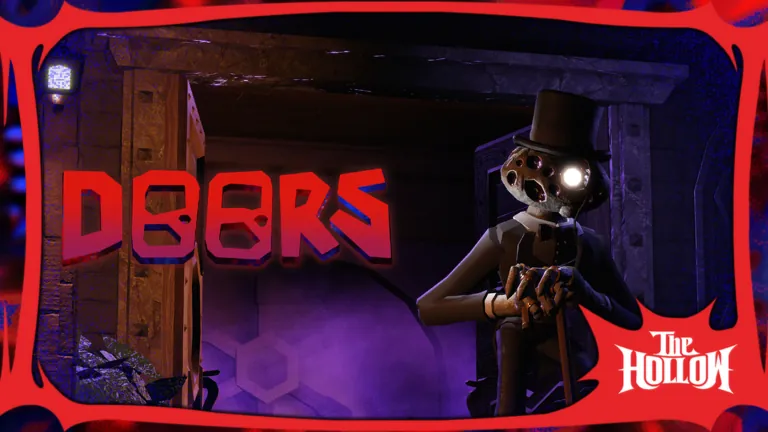 DOORS logo beside a creature in a top hat with a glowing eye inside a red frame with The Hollow logo