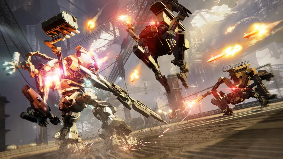 Two red mechs trade fire on a bridge lit by explosions in Armored Core VI