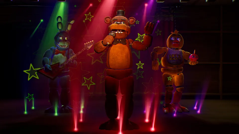Freddy Fazbear, Bonnie and Chica performing on a lit stage in Fortnite's Five Nights at Freddy's Battle Royale content
