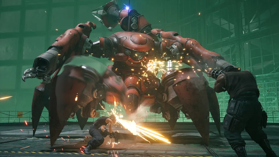 Cloud and an ally fight a giant red mechanical scorpion inside a Mako reactor