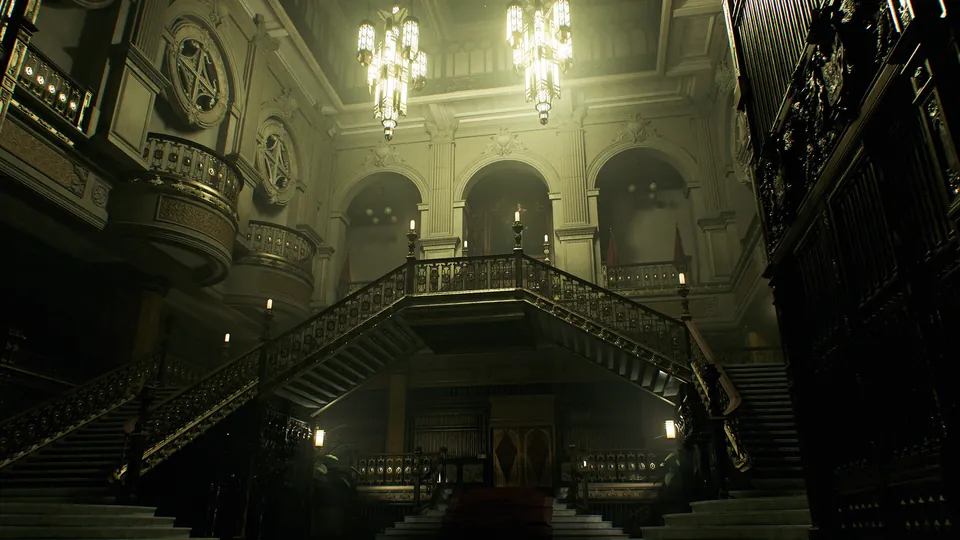 A grand hall with a double staircase and chandeliers in Resident Evil Veronica