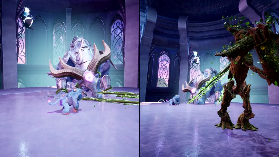 A horned beast and a tree creature fight in a purple palace hall on a split screen in Split Fiction on Nintendo Switch 2