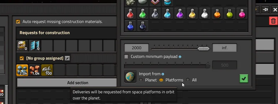 A Factorio space platform hub menu requesting construction materials from platforms in orbit
