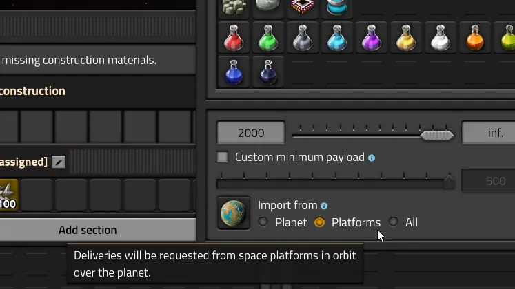 A Factorio space platform hub menu requesting construction materials from platforms in orbit