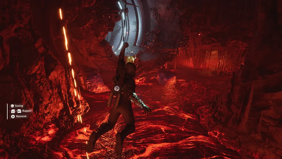 A Traveler climbs a glowing red volcanic cliff with a grappling hook in Exodus