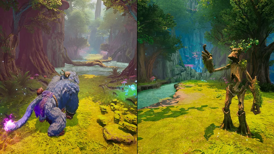 A purple ape and a walking tree creature explore a green jungle on a split screen in Split Fiction