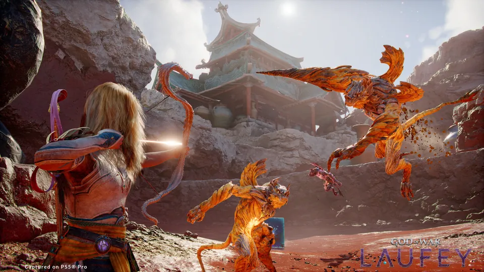 Faye drawing her bow at flying fire creatures near a temple