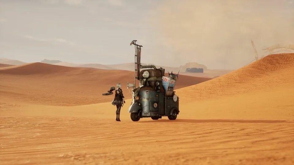 Emil's rusty mobile shop stands on desert dunes as a white-haired fighter walks toward it