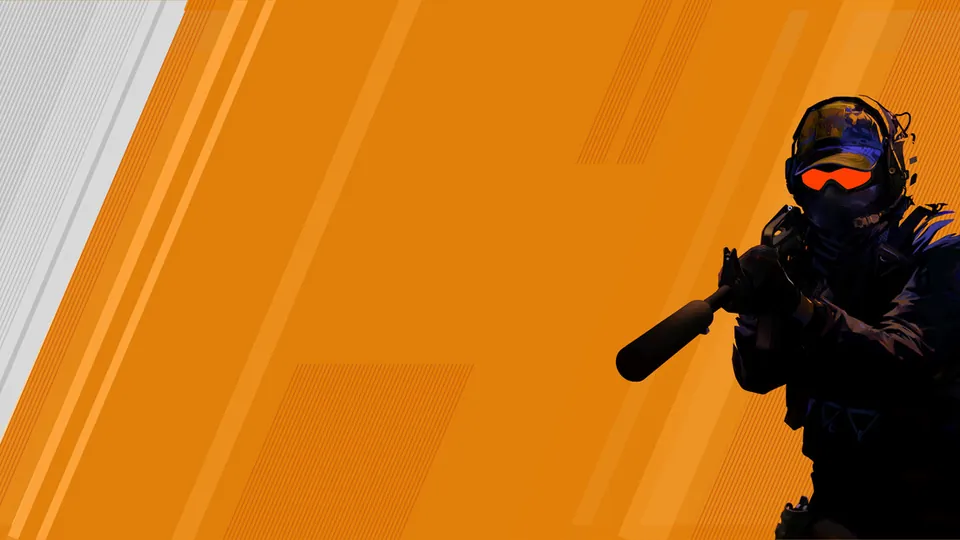 Two Counter-Strike 2 operators in tactical gear and glowing goggles, one aiming a suppressed rifle, the other holding an AK, on an orange background