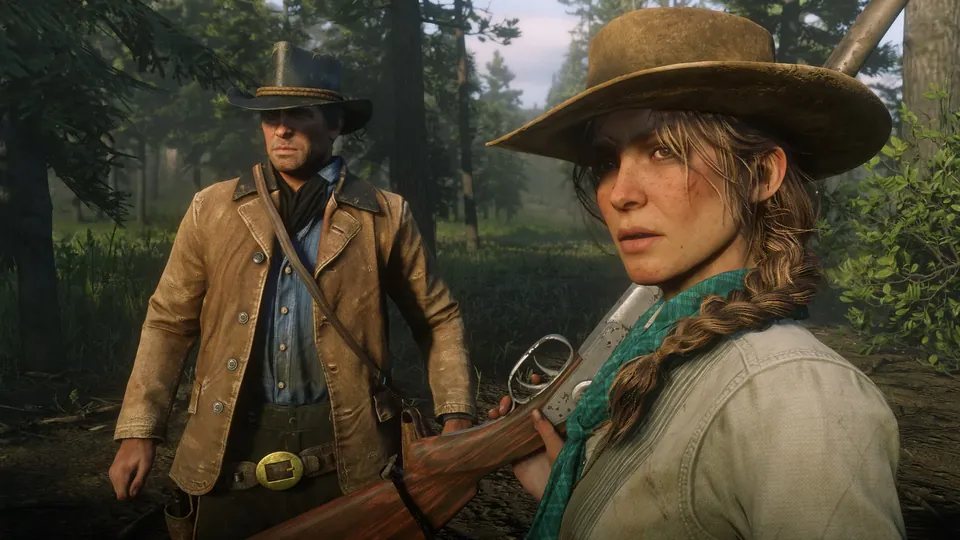 Arthur Morgan and Sadie Adler with a rifle in a forest in Red Dead Redemption 2