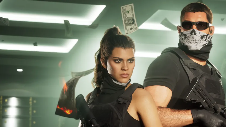 Lucia and a masked Jason holding guns inside a vault as banknotes fly through the air in Grand Theft Auto VI