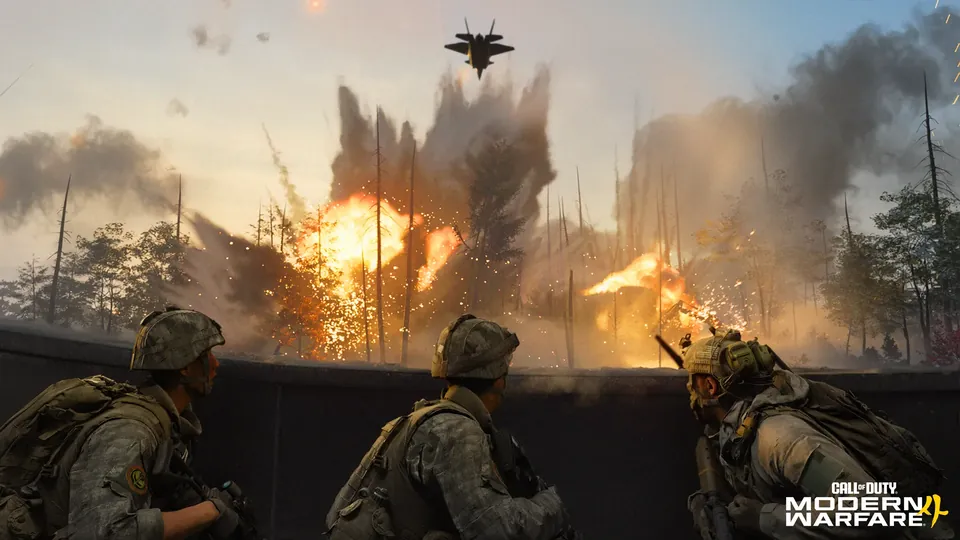 Three soldiers take cover behind a wall as explosions and a jet light up the sky in Modern Warfare 4