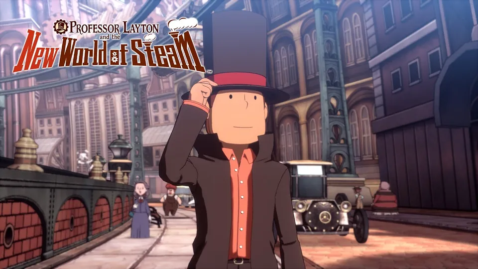 Layton tips the top hat on a busy Steam Bison street with a vintage car and townspeople behind