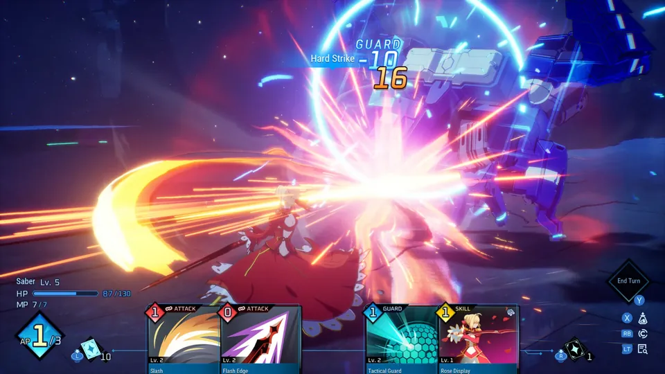 Saber lands a fiery sword strike in a turn-based battle, with command cards at the bottom of the screen