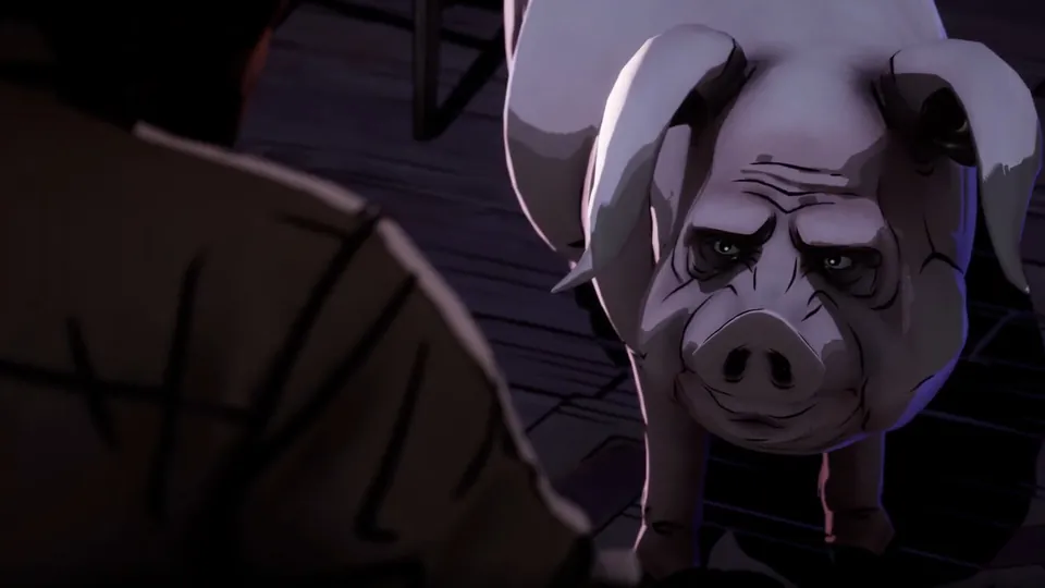 A large pig looks up at a figure in the foreground in a dark wooden room