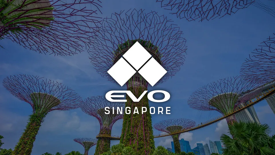 Evo Singapore logo over the Supertree Grove at Gardens by the Bay