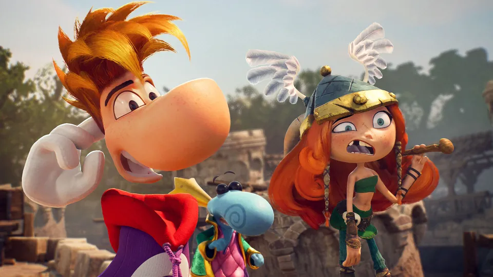 Rayman, Barbara and a small blue companion react in surprise in front of sunlit stone ruins in a cutscene from Rayman Legends Retold