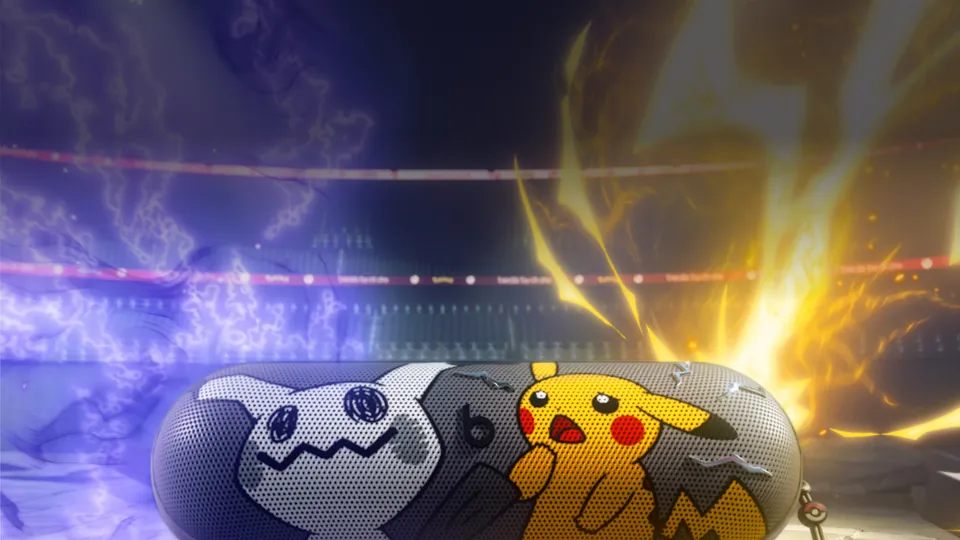 Pokémon Beats Pill on a cracked stone floor with yellow lightning behind it