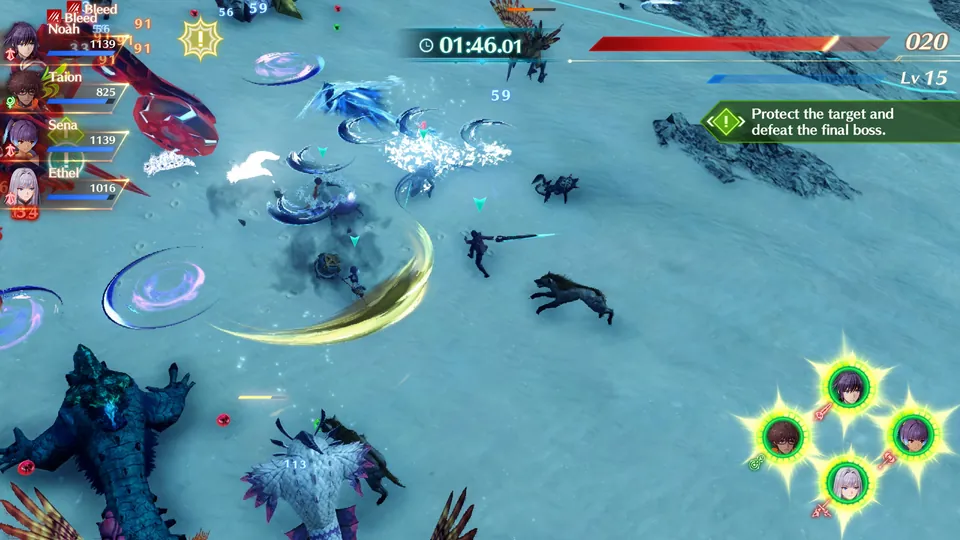 Four party members fight waves of monsters on icy ground under a countdown timer and a protect-the-target objective in Xenoblade Chronicles 3