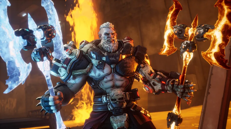 A bearded Vault Hunter in heavy armor holds a flaming axe and an ice weapon in Borderlands 4