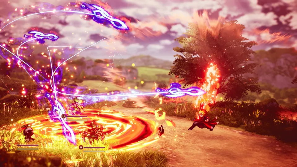 Final Fantasy Resonance screenshot: a battle in a sunny field erupts with purple magic trails and a ring of fire