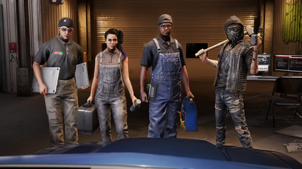 Four DedSec hackers pose in a garage with tools and a bat in Watch Dogs 2