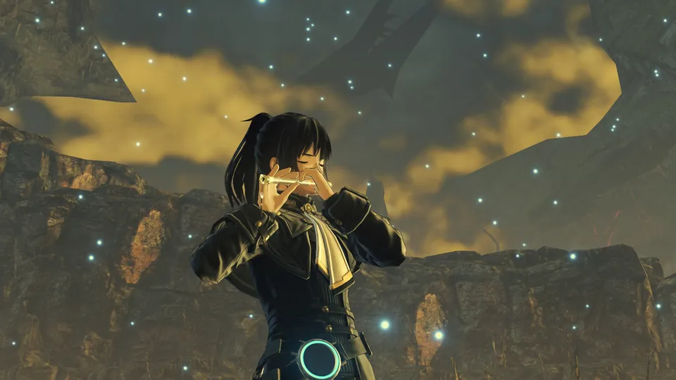 A dark-haired character in a black uniform plays a small flute among floating blue lights in a rocky canyon in Xenoblade Chronicles 3